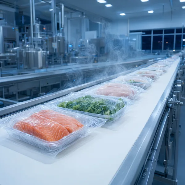 Cold storage aisle with fresh produce pallets